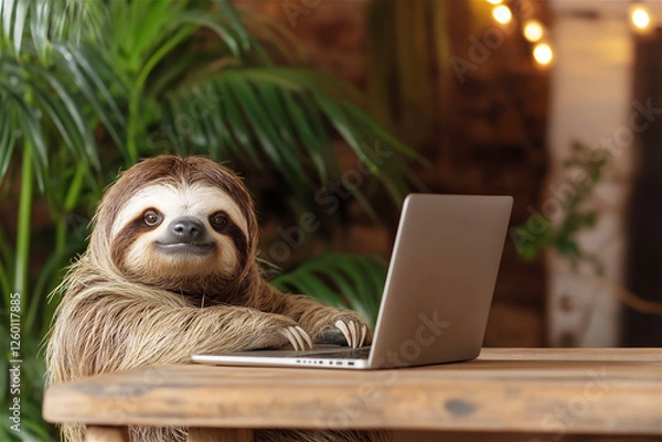 Fototapeta A sloth leaning over a wooden desk with a laptop, looking tired but determined. A humorous representation of work-life balance and slow productivity.