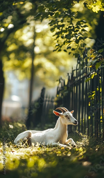 Obraz White Goat Resting Peacefully on Green Grass Under Soft Sunlight

