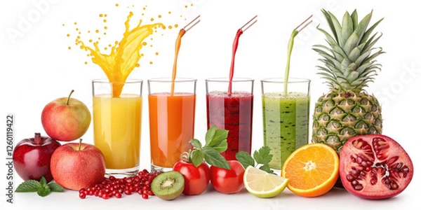 Fototapeta Splash of freshly made fruit juices in bright colors, featuring a mix of citrus, apple, and pomegranate flavors for a healthy lifestyle