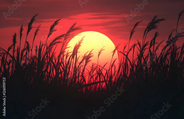 Obraz Vibrant Red Sunset with Silhouetted Tall Grass in the Foreground

