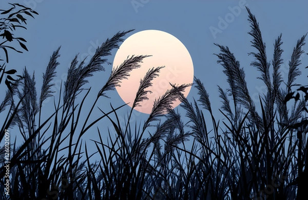 Obraz Full Moon Rising Behind Silhouetted Tall Grass at Dusk

