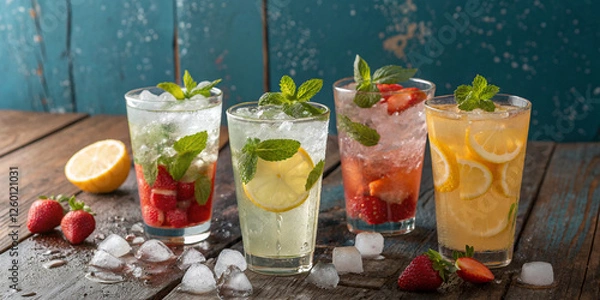 Fototapeta  Refreshing lemon and orange-infused water with ice cubes and mint leaves in glass cups, beautifully displayed on a rustic wooden table
