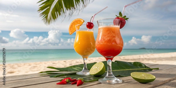 Fototapeta  Refreshing orange and red fruit cocktails in tall glasses with straws, placed on a wooden deck with ocean waves and palm trees in the background for a tropical getaway