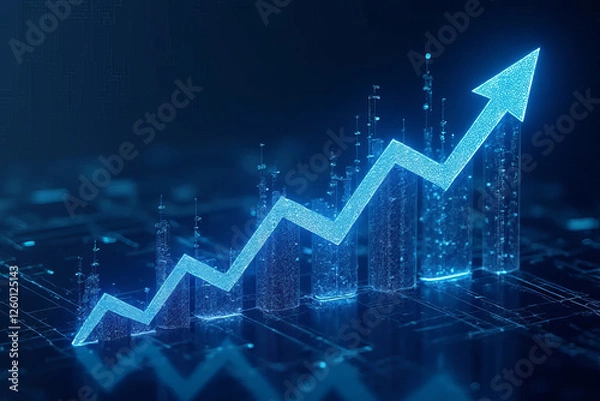 Obraz Digital graph showing upward trend with glowing blue bars and arrow, symbolizing growth and success