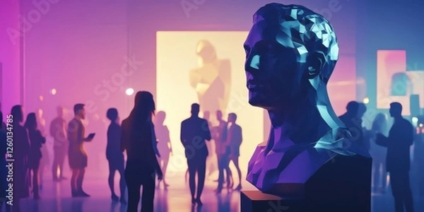 Fototapeta Geometric bust at modern art gallery with a large crowd