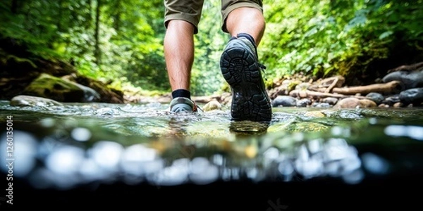 Fototapeta A person walks through shallow water in a lush green forest, showcasing nature and outdoor adventure.