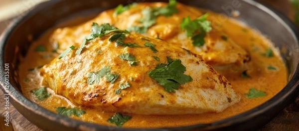 Fototapeta Delicious fish fillets in a creamy orange sauce garnished with fresh green herbs, served in a dark round dish, a delightful culinary presentation.