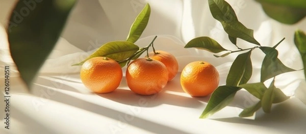 Fototapeta Fresh and vibrant arrangement of four orange mandarins with green leaves on a soft neutral background, illuminated by natural light shadows.
