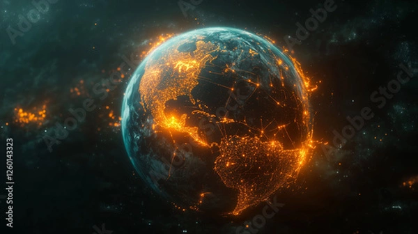 Obraz Digital Planet in Green Light – An image of the globe surrounded by a network of bright green lines, symbolizing digital communications and future technologies..