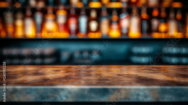 Obraz Empty countertop, defocused bar with alcohol bottles in the background