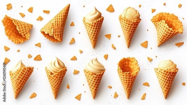 Obraz isolated ice cream wafer cones with broken wafer cones at various angles and crispy textures on a white backgroun