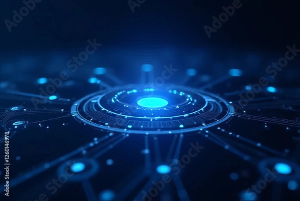 Fototapeta Futuristic digital technology background with glowing blue circles and lines