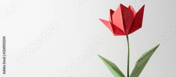 Obraz Red origami tulip with green leaves positioned to the left against a bright white background showcasing intricate paper folding details.