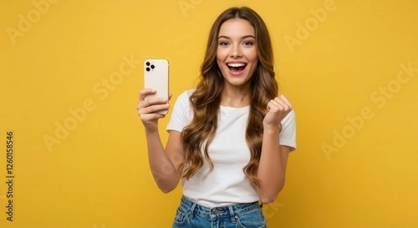 Fototapeta Young woman over isolated yellow background with phone in victory position