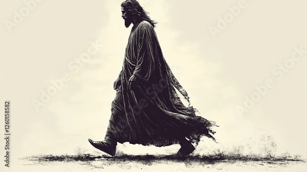 Obraz line drawing of jesus walking minimal background flowing robes