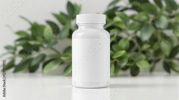 Fototapeta Minimalist white supplement bottle with blank label on a clean surface, surrounded by green foliage, perfect for health and wellness themes