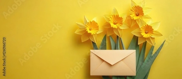 Fototapeta Bright yellow paper envelope placed in the center with handmade origami daffodils in vibrant yellow surrounding it against a matching yellow background.