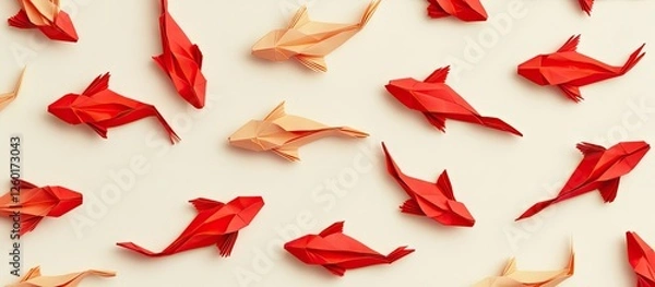 Fototapeta Red and gold origami koi carp scattered across a cream background with vibrant hues and varied positions creating a dynamic flat lay composition
