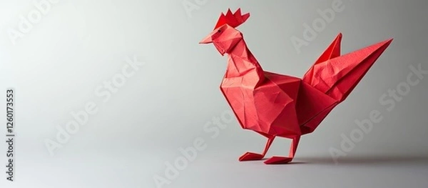 Fototapeta Red origami hen in a low angle view displayed on a clean grey background showcasing geometric folds and vibrant red hues of paper craft.