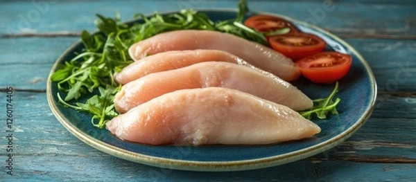 Fototapeta Fresh raw chicken fillets arranged on a blue plate with a bed of arugula and sliced tomatoes on a rustic wooden surface, healthy meal concept