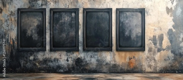 Fototapeta Haunted abandoned house wall with three empty black picture frames positioned center on a grungy, weathered surface featuring dark and muted tones.