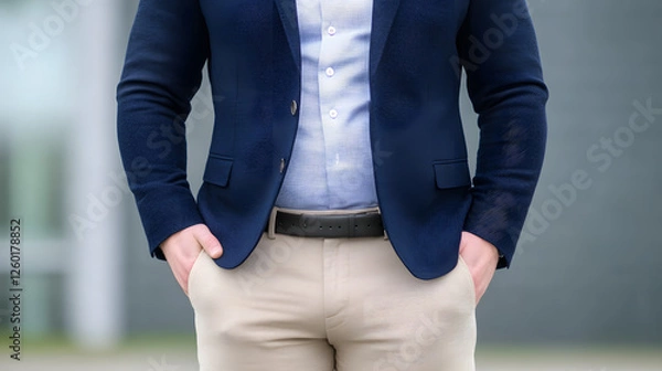 Fototapeta A stylish black and blue blazer paired with beige fabric trousers, creating a sophisticated and professional outfit suitable for business or formal occasions.
