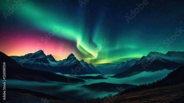 Fototapeta Breathtaking night sky featuring vibrant auroras dancing over majestic mountains, creating a stunning contrast with a starry backdrop. Ideal for nature and travel enthusiasts