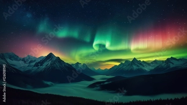 Fototapeta Breathtaking night sky featuring vibrant auroras dancing over majestic mountains, creating a stunning contrast with a starry backdrop. Ideal for nature and travel enthusiasts