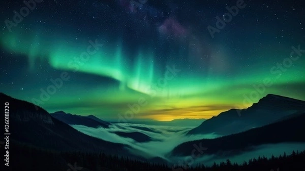 Fototapeta Breathtaking night sky featuring vibrant auroras dancing over majestic mountains, creating a stunning contrast with a starry backdrop. Ideal for nature and travel enthusiasts