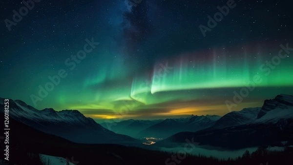 Fototapeta Breathtaking night sky featuring vibrant auroras dancing over majestic mountains, creating a stunning contrast with a starry backdrop. Ideal for nature and travel enthusiasts