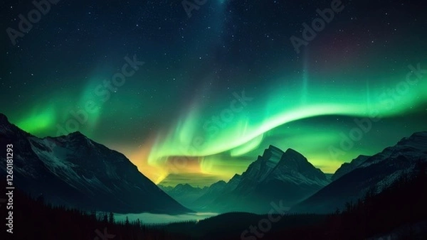 Fototapeta Breathtaking night sky featuring vibrant auroras dancing over majestic mountains, creating a stunning contrast with a starry backdrop. Ideal for nature and travel enthusiasts
