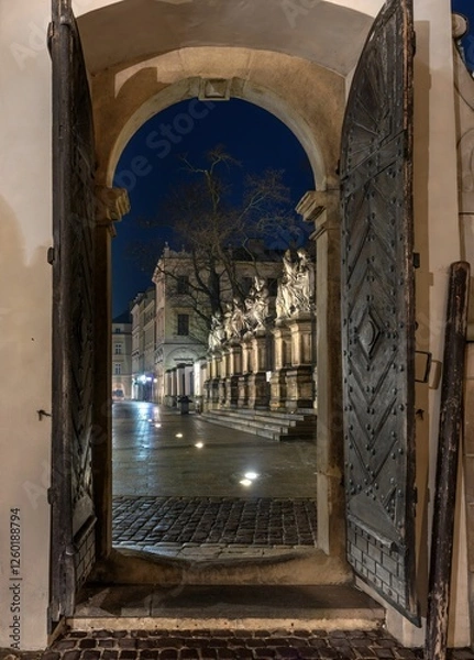 Fototapeta Kraków: Widok zza bramy na apostołów przed kościołem Św. Piotra i Pawła nocą
