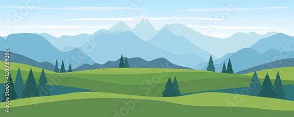 Obraz Mountain landscape with green meadows. Beautiful mountains and hills, fields and forests. Vector landscape illustration of mountains.