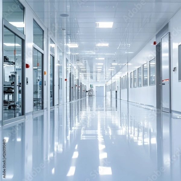 Obraz Exploring a modern cleanroom facility high-tech lab industrial space minimalist design wide angle view innovation hub