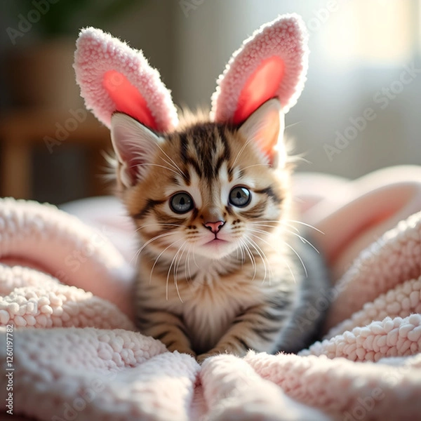 Obraz Playful Kitten Wearing Pink Bunny Ears In style of High-resolution, realistic photograph For Social Media and Product Promotion, Warm Indoor Lighting and Soft-focus Background