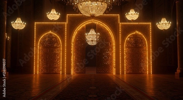 Fototapeta Ornate Golden Doorway with Chandeliers Creates a Luxurious and Regal Atmosphere