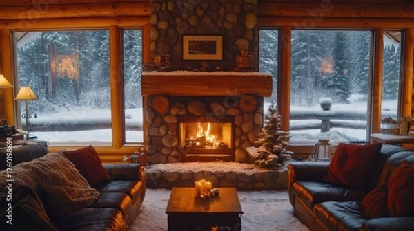 Fototapeta Snowy evening scene with a cozy cabin fireplace. Featuring a warm and inviting fireplace inside a cabin during a snowy evening. Highlighting comfort and relaxation.