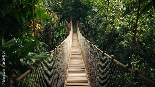 Fototapeta Suspended rope bridge stretching through a dense tropical jungle. Lush greenery surrounds the adventurous pathway, creating an immersive nature experience. Generative AI