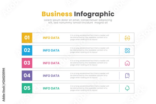 Fototapeta Business infographic template design. Timeline concept with 5 steps. Can be used for presentations, workflow layout, diagram, banner, web design, Vector illustration.