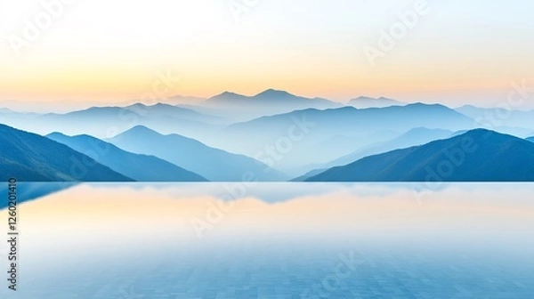 Fototapeta Serene Blue Mountains Reflecting in Calm Water at Dawn. AI Generated