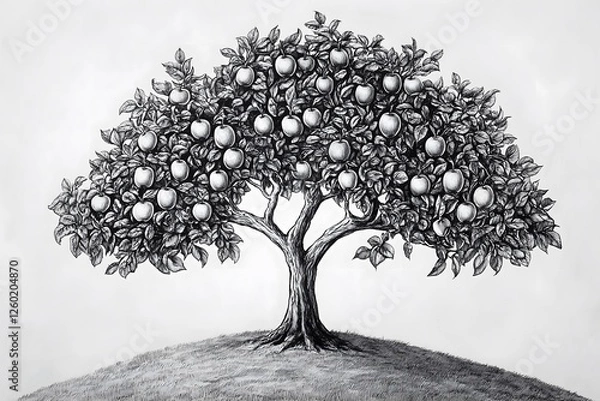 Fototapeta Black and white drawing of a large apple tree