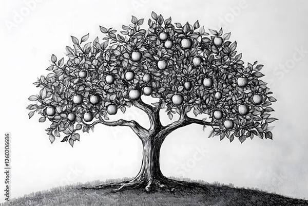 Fototapeta Black and white drawing of a large apple tree on a hill