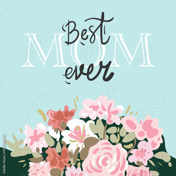 Fototapeta Trendy Mothers Day card, banner, poster, flyer, label or cover with flowers frame, abstract floral pattern hand drawn art style. Spring floral design template, vector illustration