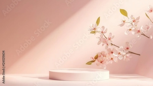 Obraz Floating podium with subtle pastel tones and delicate blossoms, soft sunlight creating a spring-themed product mockup