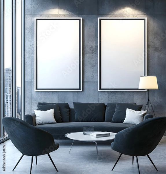 Fototapeta Two white poster frames on the wall of a modern living room, a sofa and armchair in front of them, a lamp next to a coffee table, black chairs near the couch, white walls, high-resolution photography,