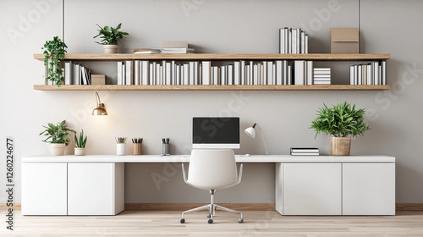 Fototapeta minimalist home office setup featuring white desk, ergonomic chair, and plants. organized shelves display books and decorative items, creating serene workspace