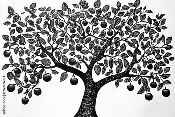 Obraz Artistic drawing of a black colored apple tree on a white background