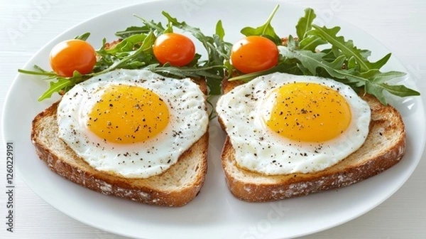 Fototapeta Delicious breakfast plate with fried eggs on toast and fresh greens garnished with cherry tomatoes and herbs
