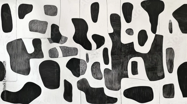 Fototapeta Linocut style organic and geometric shapes background texture pattern. Vector contemporary art, abstract art.