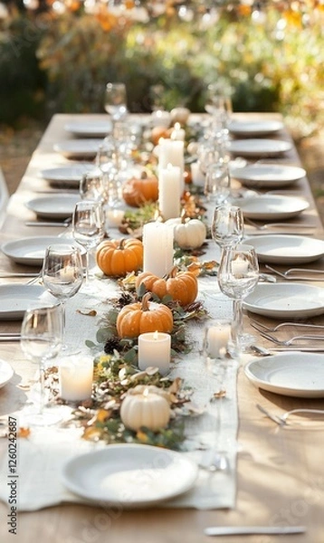 Fototapeta Autumn outdoor table setting with pumpkins, candles, and fall leaves for a festive gathering